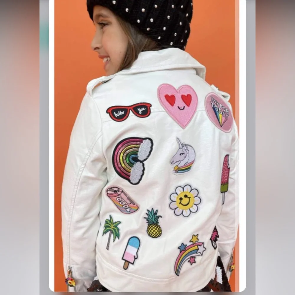 Lola + The Boys White Vegan Rainbow Leather Kids Jacket